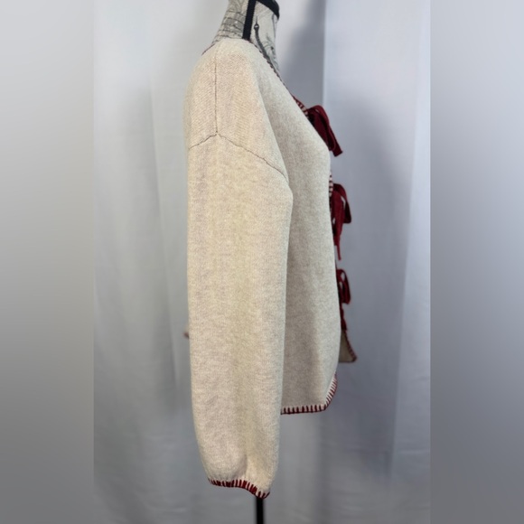 Sunday Edition NWOT Cream &Burgundy Trim Cardigan W/Front Tie Closure Size S - Picture 3 of 10